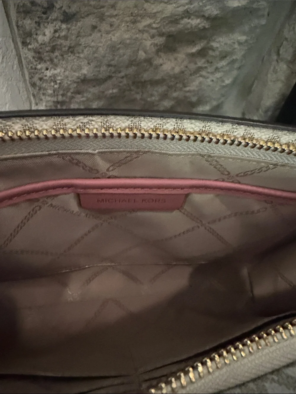 Michael Kors White Signature Logo Wristlet with Pink Stripe